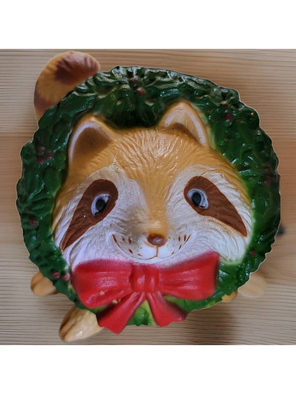 Vintage 90s Cute Adorable Racoon Christmas Wreath Tree Ornament 2.5" A51